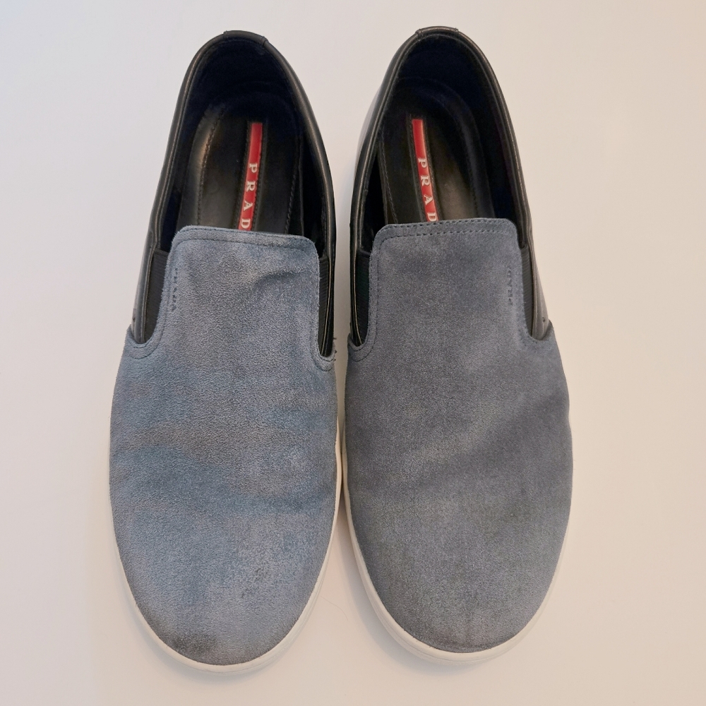 PRADA Mens Blue Suede Slip On No Lace Casual Leather Trim White Sole  Sneaker.